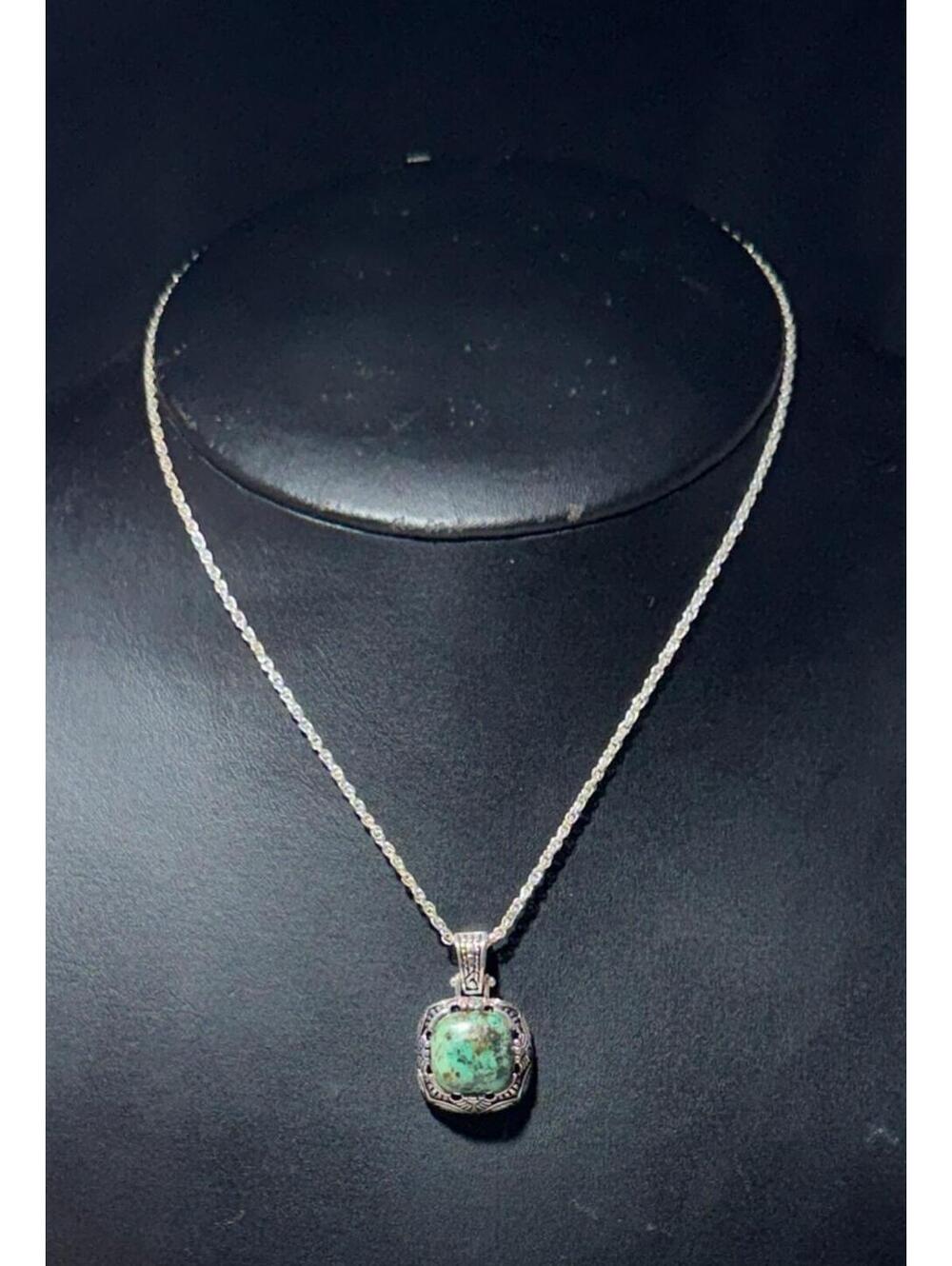 Fashion Silver Tone Turquoise Look Cushion Pendant Rope Chain Necklace